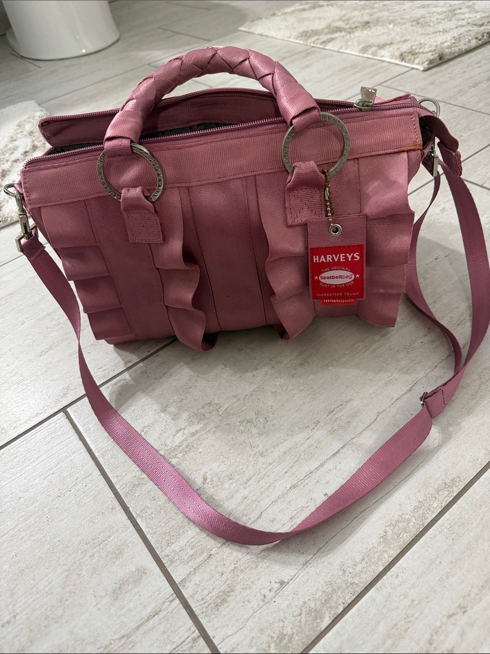 Harveys Rose Pink Ruffle Convertible Shoulder Bag..new ..